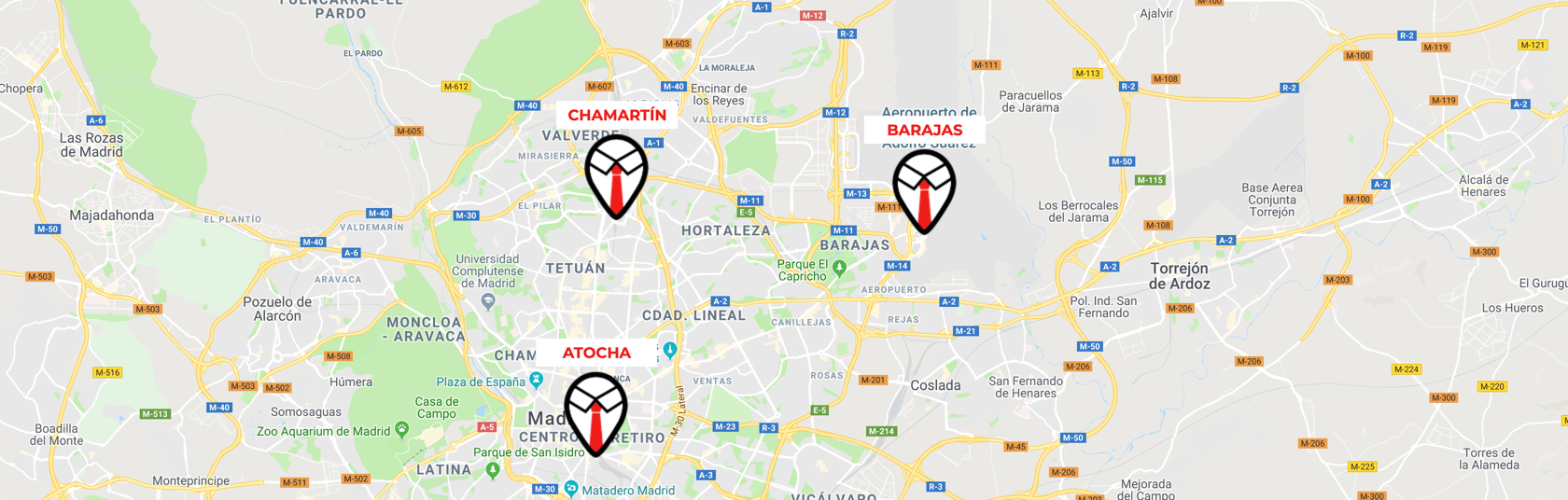 Mapa con las ubicaciones de nuestros parkings. En Barajas, Atocha y Chamartín.